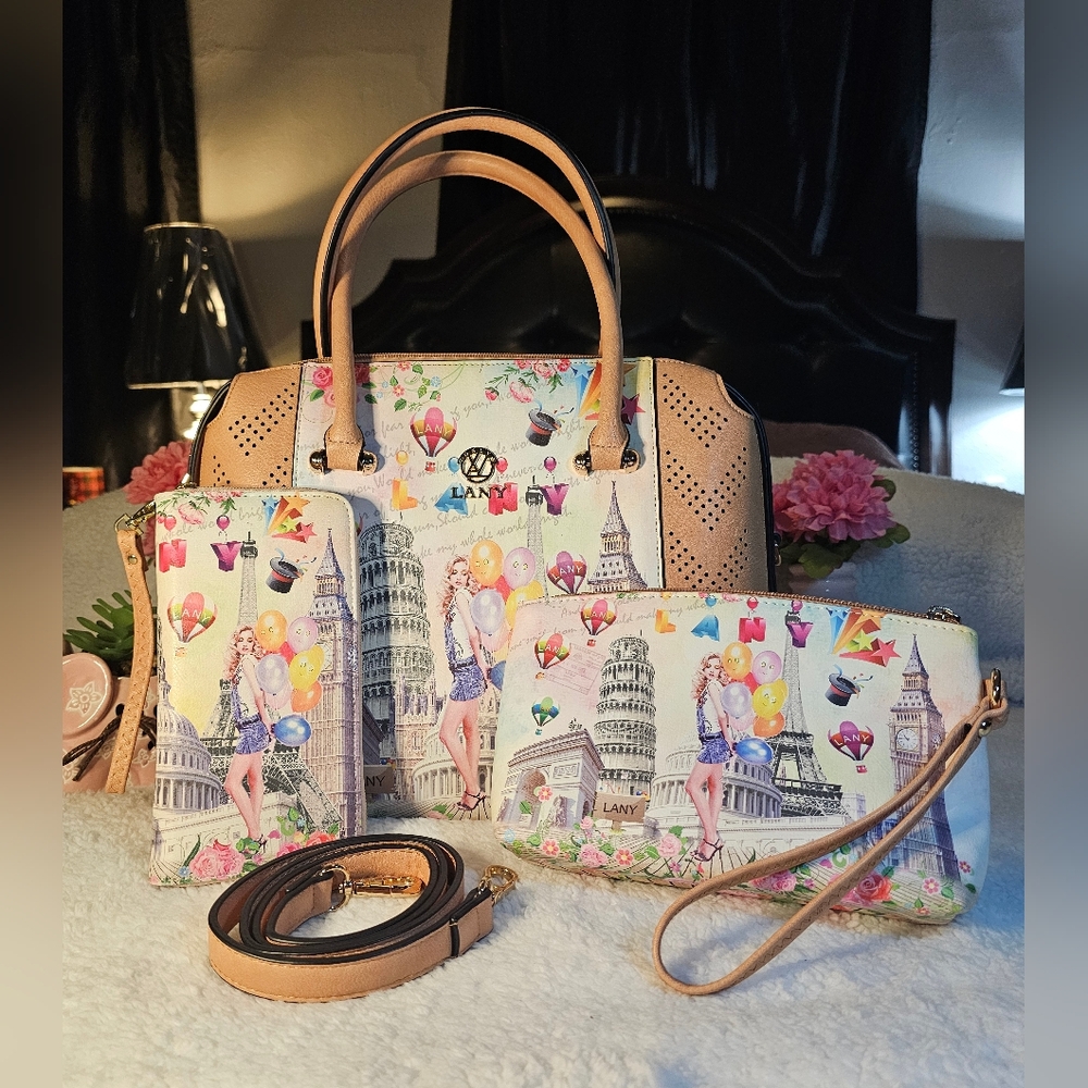 LANY Trio Vegan Shoulder Bag with Art Print In Mauve Color